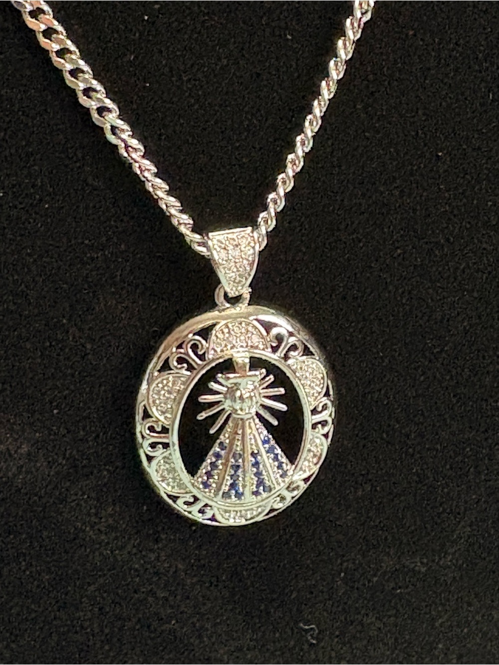 Silver-Tone Sunburst Cross inspired Pendant and Necklace with Blue Accents